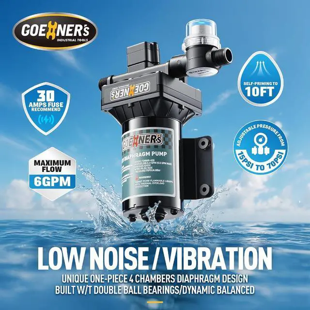 Alt view image 2 of 6 - 2026 Upgraded RV Water Pump, 12V 6.0 GPM High-Flow, Ultra-Quiet 70 PSI Self-Priming Diaphragm Pump with Adjustable Pressure Switch & Strainer for RV, Marine, Camper, Boat