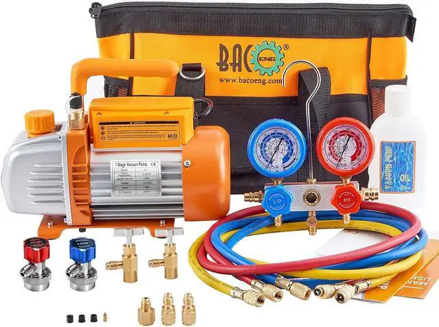 Main image of 3.6CFM 1/4HP AC Vacuum Pump and Gauge Set, HVAC Vacuum Pump Kit for AUTO Air Conditioning System, Manifold Gauge Set for R134a R22 R410a Refrigerants - w/ R134a Can Taps and Quick Couplers