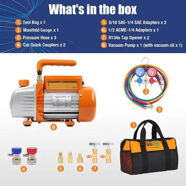 Alt view image 2 of 7 - 3.6CFM 1/4HP AC Vacuum Pump and Gauge Set, HVAC Vacuum Pump Kit for AUTO Air Conditioning System, Manifold Gauge Set for R134a R22 R410a Refrigerants - w/ R134a Can Taps and Quick Couplers