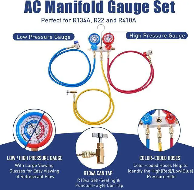 Alt view image 3 of 7 - 3.6CFM 1/4HP AC Vacuum Pump and Gauge Set, HVAC Vacuum Pump Kit for AUTO Air Conditioning System, Manifold Gauge Set for R134a R22 R410a Refrigerants - w/ R134a Can Taps and Quick Couplers