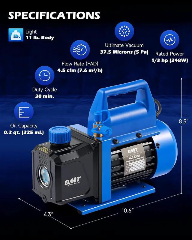 Alt view image 2 of 7 - Vacuum Pump, 4.5 cfm 1/3 hp HVAC Single Stage Vacuum Pump for R12 R22 R134a R410a R502, Auto AC Vacuum Pump Kit for Automotive Air Conditioner Resin Degassing & More, Oil Included
