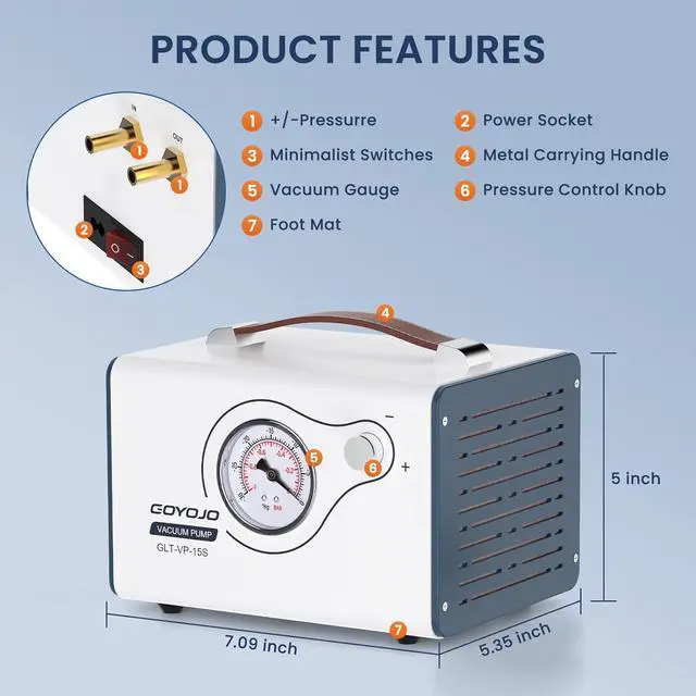 Alt view image 5 of 6 - Oilless Vacuum Pump, 15L/Min With Dual Pressure, Lab Liquid Vacuum Filtration Fractionation, Adjustment Flow Portable Quiet Diaphragm Pressure Pump Equipped 2 Rubber Hoses, For Silicone Mold And Epoxy