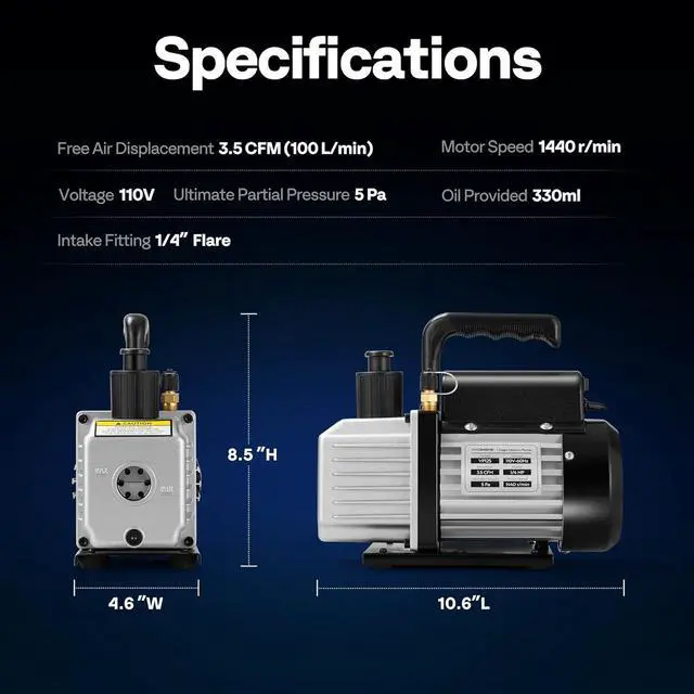 Alt view image 7 of 7 - 3.5 CFM 1/4 HP 110V Single Stage HVAC Vacuum Pump for R134a R12 R22 R502 R410a Systems, Auto AC Vacuum Pump for Air Conditioner Servicing Resin Degassing with Oil Bottle