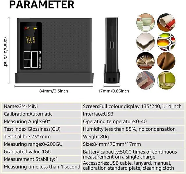 Alt view image 6 of 7 - Auto Calibration Gloss Meter 60º 0-200GU Card Sized For Auto Paint Plastic Rubber Glass Hardware Stone Floor Tile Surface Glossmeter
