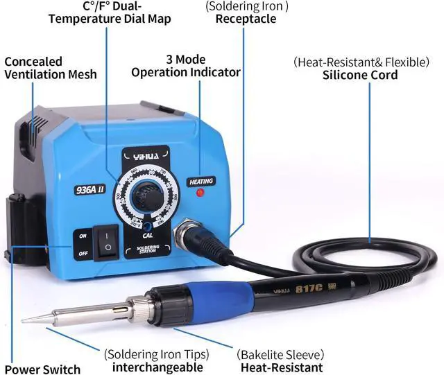 Alt view image 4 of 7 - 936A II Soldering Iron Station Kit, 65W with Intelligent Working Light. Easily Adjustable from 392896. With Plug-in Iron Handle, a Solder Iron Stand, Solder Wire & 5 extra Solder Tips.