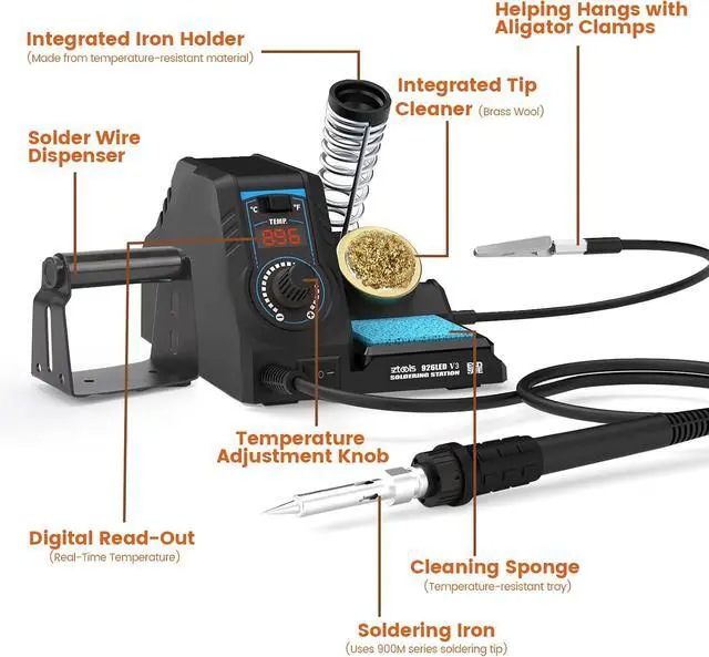 Alt view image 4 of 7 - 926LED V3 Entry-Level 60W Soldering Station Iron Kit in Black with Temperature Control includes Helping Hands, Lead-Free Solder, 6 Soldering Tips, ESD-Safe Tweezers, Sleep Mode