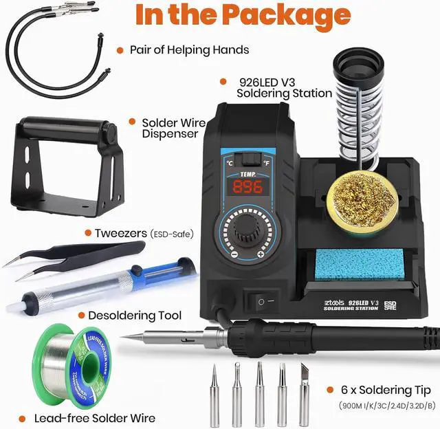 Alt view image 5 of 7 - 926LED V3 Entry-Level 60W Soldering Station Iron Kit in Black with Temperature Control includes Helping Hands, Lead-Free Solder, 6 Soldering Tips, ESD-Safe Tweezers, Sleep Mode