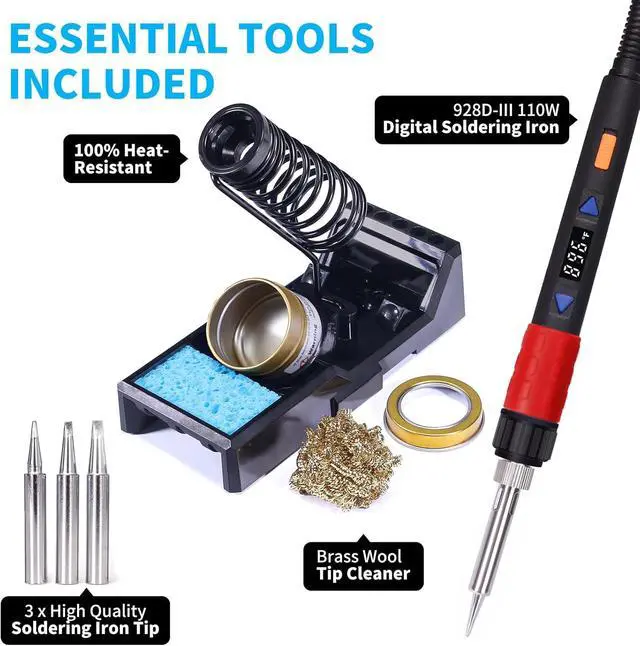 Alt view image 2 of 7 - 928D-III Soldering Iron,110W High Power, Fully Digital Display °F /°C- Temperature Control Soldering Tool, Accurate 194~896°F, with ON/OFF Switch, Iron Tip, Brass Wool, Automatic Sleep Mode