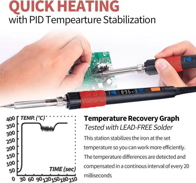 Alt view image 3 of 7 - 928D-III Soldering Iron,110W High Power, Fully Digital Display °F /°C- Temperature Control Soldering Tool, Accurate 194~896°F, with ON/OFF Switch, Iron Tip, Brass Wool, Automatic Sleep Mode