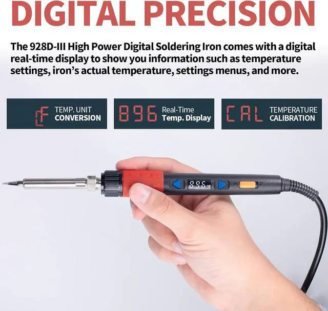 Alt view image 5 of 7 - 928D-III Soldering Iron,110W High Power, Fully Digital Display °F /°C- Temperature Control Soldering Tool, Accurate 194~896°F, with ON/OFF Switch, Iron Tip, Brass Wool, Automatic Sleep Mode