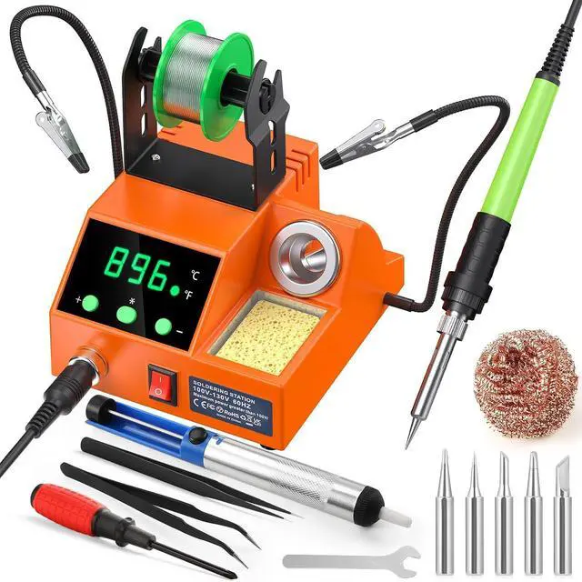 Main image of Soldering Station, 100W Digital Display Soldering Iron Station Kit with 2 Helping Hands, 356°F - 896°F, Auto Sleep, °C/°F Conversion, Solder Wire, Tips, Stand, Pump, Tweezers, Tip Cleaner, Orange