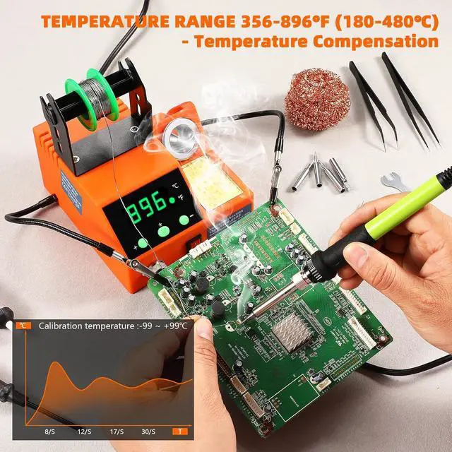 Alt view image 3 of 7 - Soldering Station, 100W Digital Display Soldering Iron Station Kit with 2 Helping Hands, 356°F - 896°F, Auto Sleep, °C/°F Conversion, Solder Wire, Tips, Stand, Pump, Tweezers, Tip Cleaner, Orange