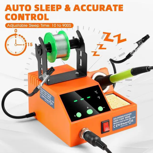 Alt view image 4 of 7 - Soldering Station, 100W Digital Display Soldering Iron Station Kit with 2 Helping Hands, 356°F - 896°F, Auto Sleep, °C/°F Conversion, Solder Wire, Tips, Stand, Pump, Tweezers, Tip Cleaner, Orange