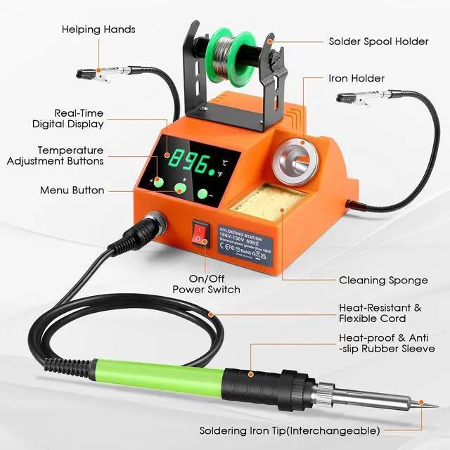 Alt view image 5 of 7 - Soldering Station, 100W Digital Display Soldering Iron Station Kit with 2 Helping Hands, 356°F - 896°F, Auto Sleep, °C/°F Conversion, Solder Wire, Tips, Stand, Pump, Tweezers, Tip Cleaner, Orange