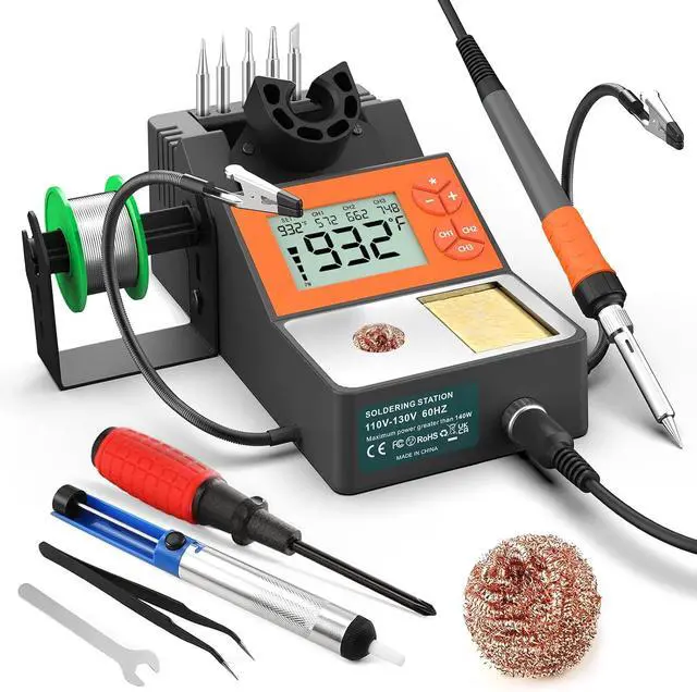Main image of Soldering Station, 140W Digital Display Soldering Iron Station Kit with 2 Helping Hands, 356°F-932°F, Auto Sleep, °C/°F Conversion, Solder Wire, 5 Tips, Solder Sucker, Tweezers, Tip Cleaner, Gray