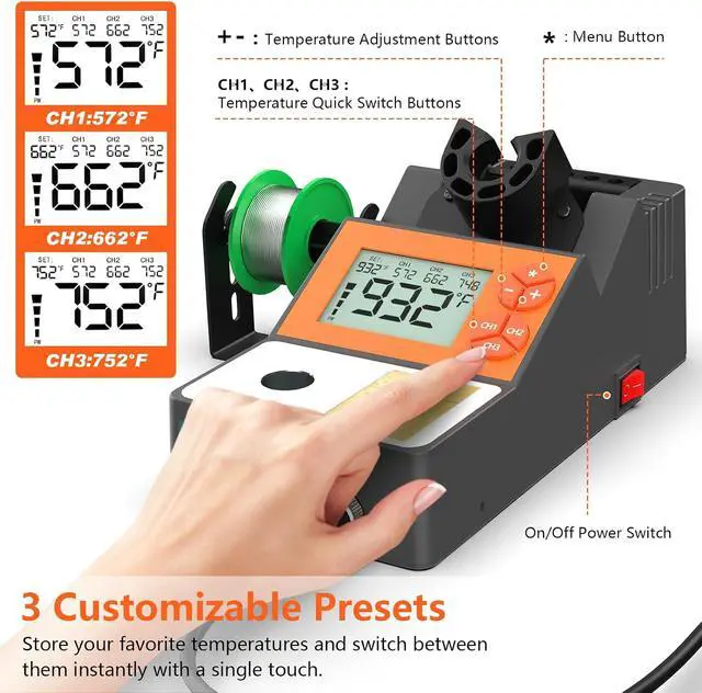 Alt view image 5 of 7 - Soldering Station, 140W Digital Display Soldering Iron Station Kit with 2 Helping Hands, 356°F-932°F, Auto Sleep, °C/°F Conversion, Solder Wire, 5 Tips, Solder Sucker, Tweezers, Tip Cleaner, Gray