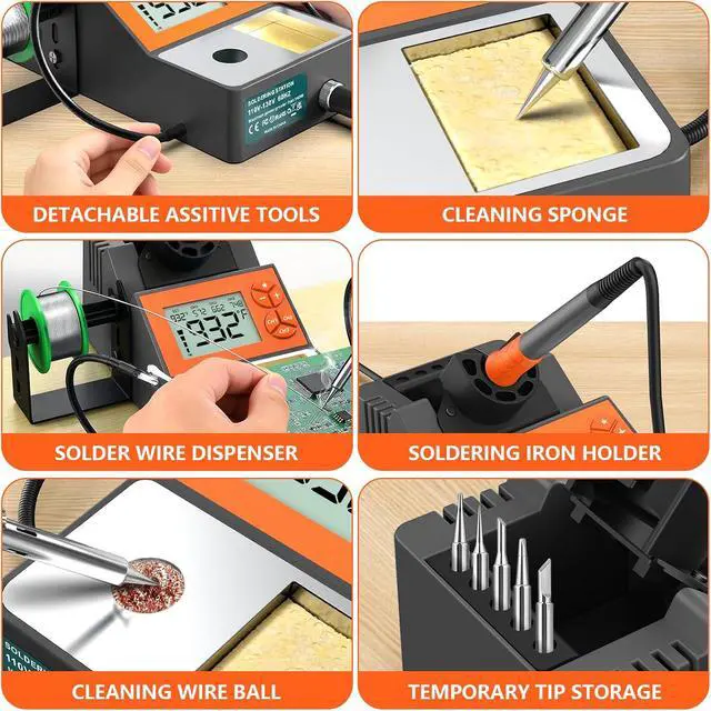 Alt view image 6 of 7 - Soldering Station, 140W Digital Display Soldering Iron Station Kit with 2 Helping Hands, 356°F-932°F, Auto Sleep, °C/°F Conversion, Solder Wire, 5 Tips, Solder Sucker, Tweezers, Tip Cleaner, Gray