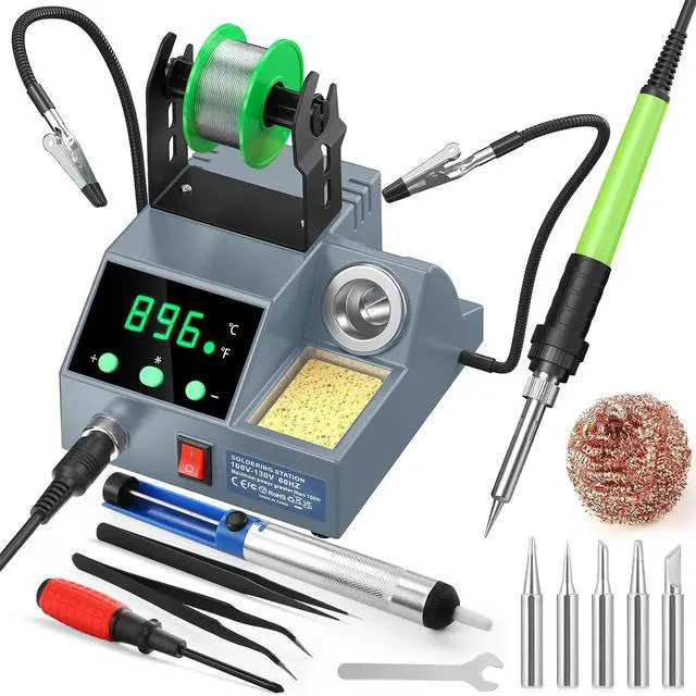 Main image of Soldering Station, 100W Digital Display Soldering Iron Station Kit with 2 Helping Hands, 356°F - 896°F, Auto Sleep, °C/°F Conversion, Solder Wire, Tips, Stand, Pump, Tweezers, Tip Cleaner, Gray