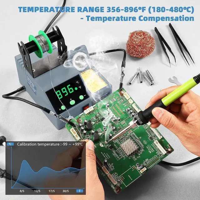 Alt view image 3 of 7 - Soldering Station, 100W Digital Display Soldering Iron Station Kit with 2 Helping Hands, 356°F - 896°F, Auto Sleep, °C/°F Conversion, Solder Wire, Tips, Stand, Pump, Tweezers, Tip Cleaner, Gray