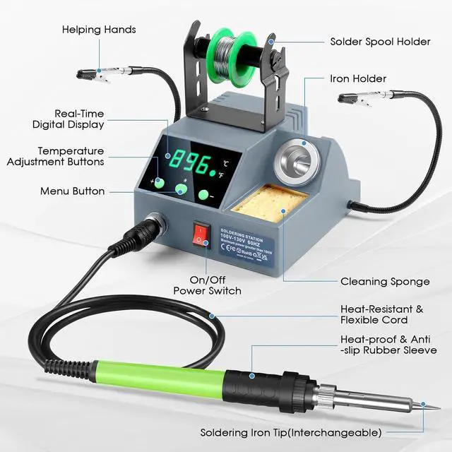 Alt view image 5 of 7 - Soldering Station, 100W Digital Display Soldering Iron Station Kit with 2 Helping Hands, 356°F - 896°F, Auto Sleep, °C/°F Conversion, Solder Wire, Tips, Stand, Pump, Tweezers, Tip Cleaner, Gray