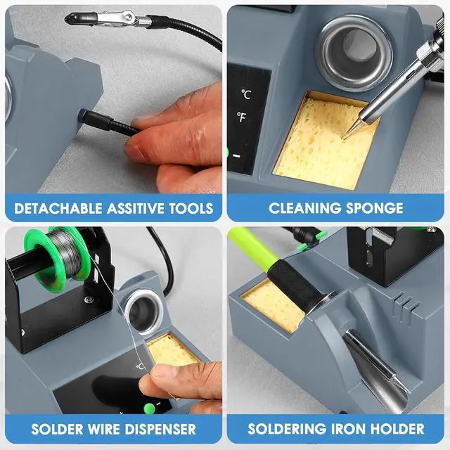 Alt view image 6 of 7 - Soldering Station, 100W Digital Display Soldering Iron Station Kit with 2 Helping Hands, 356°F - 896°F, Auto Sleep, °C/°F Conversion, Solder Wire, Tips, Stand, Pump, Tweezers, Tip Cleaner, Gray