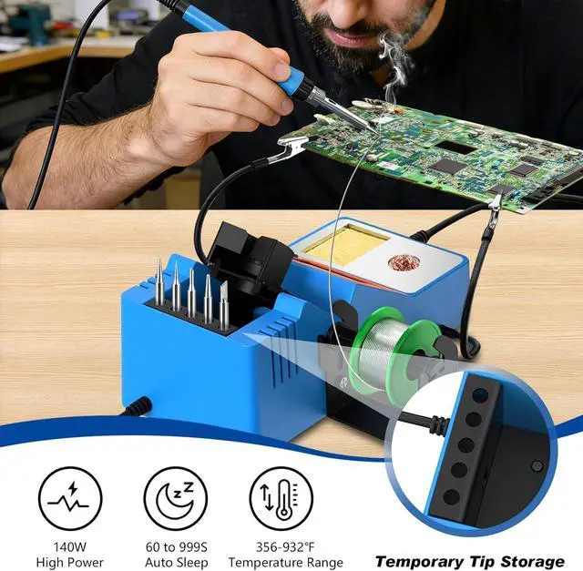 Alt view image 2 of 7 - Soldering Station, 140W Digital Display Soldering Iron Station Kit with 2 Helping Hands, 356°F-932°F, Auto Sleep, °C/°F Conversion, Solder Wire, 5 Tips, Solder Sucker, Tweezers, Tip Cleaner, Blue