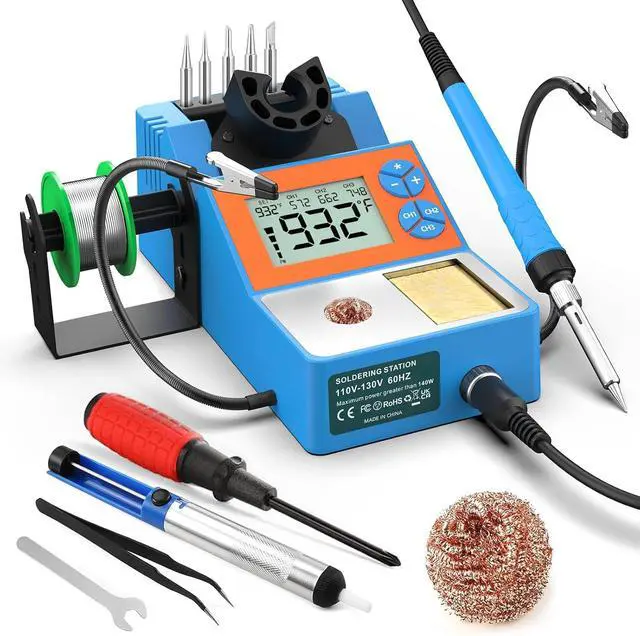 Main image of Soldering Station, 140W Digital Display Soldering Iron Station Kit with 2 Helping Hands, 356°F-932°F, Auto Sleep, °C/°F Conversion, Solder Wire, 5 Tips, Solder Sucker, Tweezers, Tip Cleaner, Blue