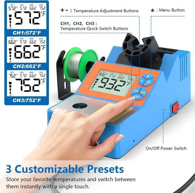Alt view image 5 of 7 - Soldering Station, 140W Digital Display Soldering Iron Station Kit with 2 Helping Hands, 356°F-932°F, Auto Sleep, °C/°F Conversion, Solder Wire, 5 Tips, Solder Sucker, Tweezers, Tip Cleaner, Blue