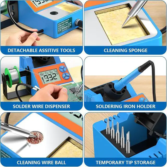 Alt view image 6 of 7 - Soldering Station, 140W Digital Display Soldering Iron Station Kit with 2 Helping Hands, 356°F-932°F, Auto Sleep, °C/°F Conversion, Solder Wire, 5 Tips, Solder Sucker, Tweezers, Tip Cleaner, Blue