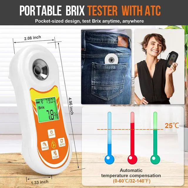 Alt view image 6 of 7 - Smart Brix Refractometer, Digital Brix (0-60%) Tester, Sugar Temperature Meter with ATC, Portable Brix Meter for Fruit, Home Wine & Beer Brewing, Coffee, Maple Syrup, Juice, Food, Vegetable