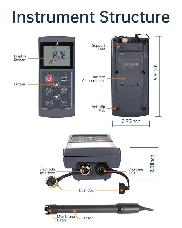 Alt view image 6 of 7 - Digital Dissolved Oxygen Meter with ATC, High Accuracy Do Meter with 9.84ft Cable, 0-20mg/L Measurement Range, Portable Dissolved Oxygen Tester for Aquaculture, Aquarium, Hydroponics, Wastewater