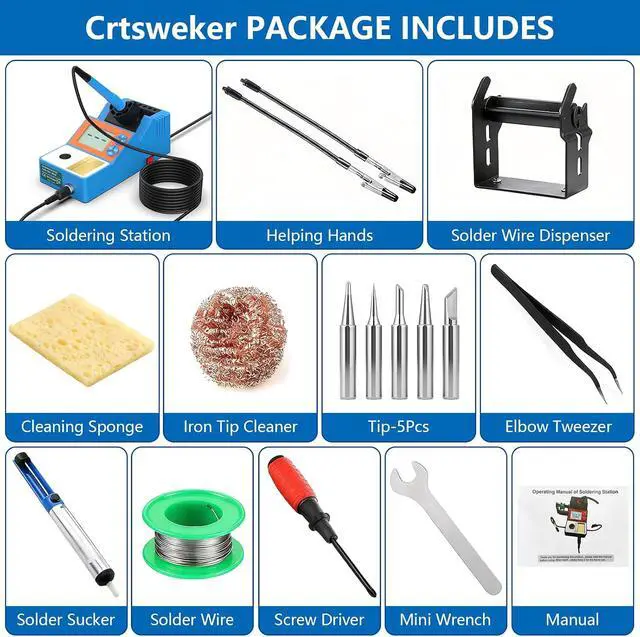 Alt view image 7 of 7 - Soldering Station, 140W Digital Display Soldering Iron Station Kit with 2 Helping Hands, 356°F-932°F, Auto Sleep, °C/°F Conversion, Solder Wire, 5 Tips, Solder Sucker, Tweezers, Tip Cleaner, Blue