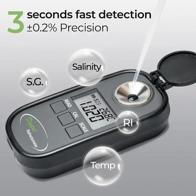 Alt view image 3 of 7 - Digital Salinity Refractometer Salinity Meter Salt Meter Range 0-28%, Specific Gravity 1.000-1.217