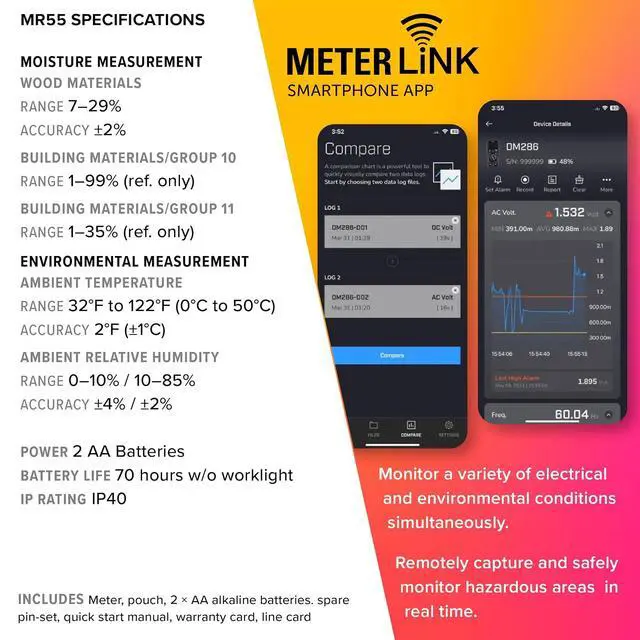 Alt view image 6 of 7 - MR55 - Pin Moisture Meter with Bluetooth for Instant Data Sharing via The Tools Mobile app. | Pin-based moisture, Tools Mobile app, instant data sharing, remediation, pest control, inspection