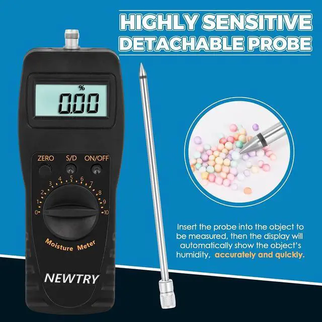Alt view image 3 of 6 - Moisture Meter Powder-Moisture Tester Range 0-100% Plastic Moisture Meter Resolution 0.1% & 0.01% with 9.6" Probe Portable Hay Moisture Meter for Plastics Rubber Silicone Resin Nylon Hay