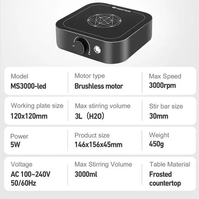 Alt view image 3 of 7 - Magnetic Stirrer 3000rpm with LED Light, Magnetic stir Plate with 2pcs Stir Bar, Mini Magnetic Mixer Stirrer Max Stirring Capacity 3000mL for Lab and Homebrew (No Hot Plate)