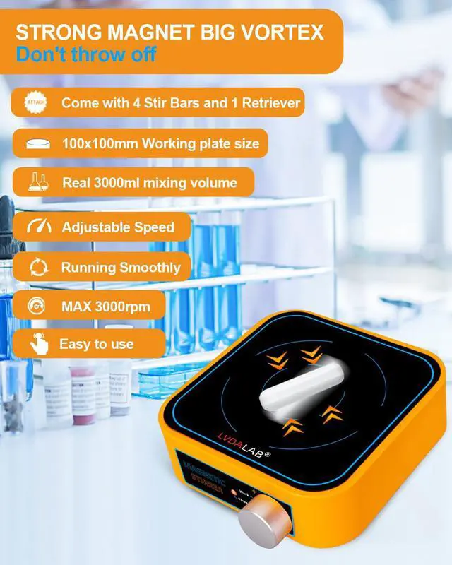 Alt view image 2 of 7 - Rechargeable Magnetic Stir Plate, 3000RPM Mini Electric Magnetic Stirrer, 3000ml Lab Stirrers for Low Viscosity Liquid, No Heating, Adjustable Speed, 4 Stir Bars 1Retriever Included - Yellow