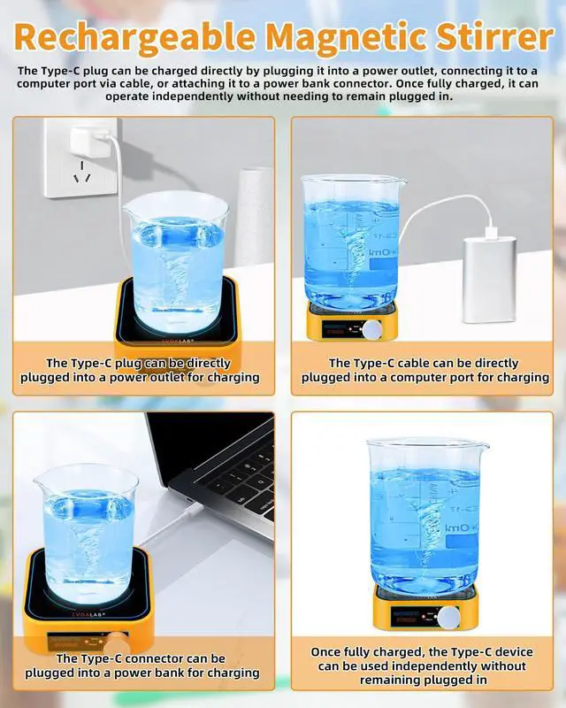 Alt view image 3 of 7 - Rechargeable Magnetic Stir Plate, 3000RPM Mini Electric Magnetic Stirrer, 3000ml Lab Stirrers for Low Viscosity Liquid, No Heating, Adjustable Speed, 4 Stir Bars 1Retriever Included - Yellow
