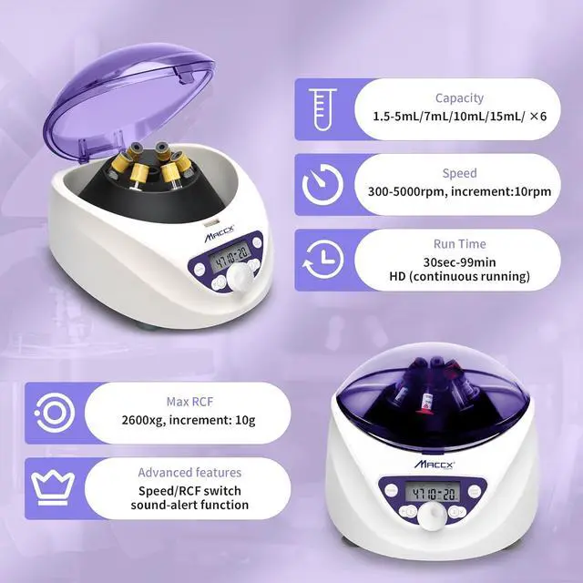Alt view image 3 of 7 - Lab PRP Benchtop Centrifuge Machine, Speed Range from 300-5000RPM, Rotor for 1.5-5mL/7mL/10mL/15mL/ x6 Tubes, Max. RCF 2600xg Low Speed PRF Benchtop Centrifuge, CEN-001