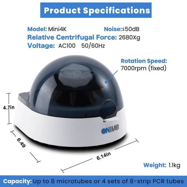 Alt view image 2 of 7 - 's Scientific Mini Centrifuge 7000RPM, 2680 x g RCF, Lab Benchtop Centrifuge with 2 Rotors for 8 x 0.2/0.5/1.5/2.0ml and 0.2mL×32 PCR Strips, Low Noise45dB, 100-240V((ONLY for MICROTUBES)