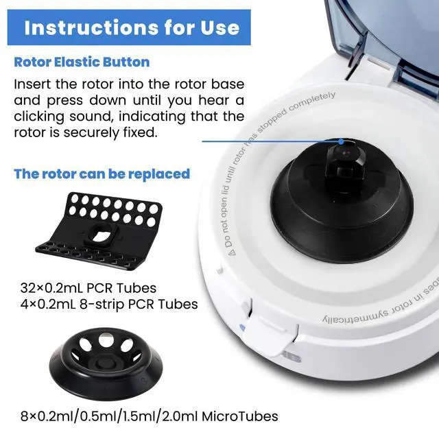 Alt view image 5 of 7 - 's Scientific Mini Centrifuge 7000RPM, 2680 x g RCF, Lab Benchtop Centrifuge with 2 Rotors for 8 x 0.2/0.5/1.5/2.0ml and 0.2mL×32 PCR Strips, Low Noise45dB, 100-240V((ONLY for MICROTUBES)