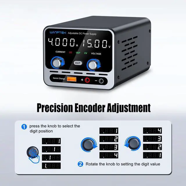 Alt view image 2 of 7 - DC Power Supply, 0-15V/0-4A Adjustable High-Precision 4-Digit LED Display with Output Button and USB Port Lab Power Supply for Labs, Electronics DIY, and Repair