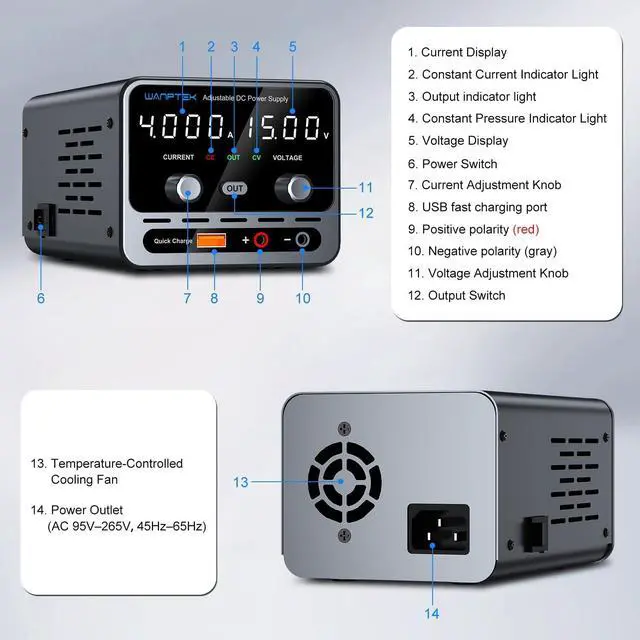 Alt view image 4 of 7 - DC Power Supply, 0-15V/0-4A Adjustable High-Precision 4-Digit LED Display with Output Button and USB Port Lab Power Supply for Labs, Electronics DIY, and Repair