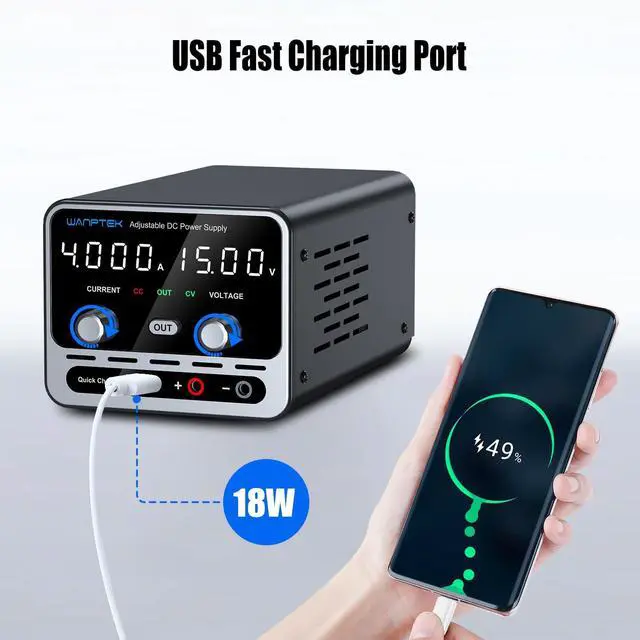 Alt view image 6 of 7 - DC Power Supply, 0-15V/0-4A Adjustable High-Precision 4-Digit LED Display with Output Button and USB Port Lab Power Supply for Labs, Electronics DIY, and Repair