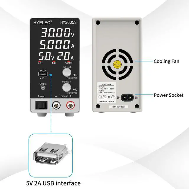 Alt view image 4 of 7 - DC Power Supply Variable 30V 5A, Adjustable Switching Regulated Power Supply with 4-Digit LED Display, Coarse and Fine Adjustments,5V2A USB Interface,110V Input Voltage