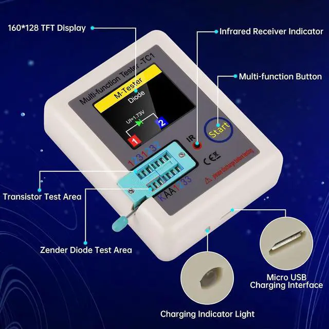 Alt view image 3 of 6 - Transistor Tester LCR Meter LCR-TC1 Multi-Function Transistor Meter ESR Tester with TFT Full Color Display Capacitor Detector for LCR ESR PNP NPN Zener Diode