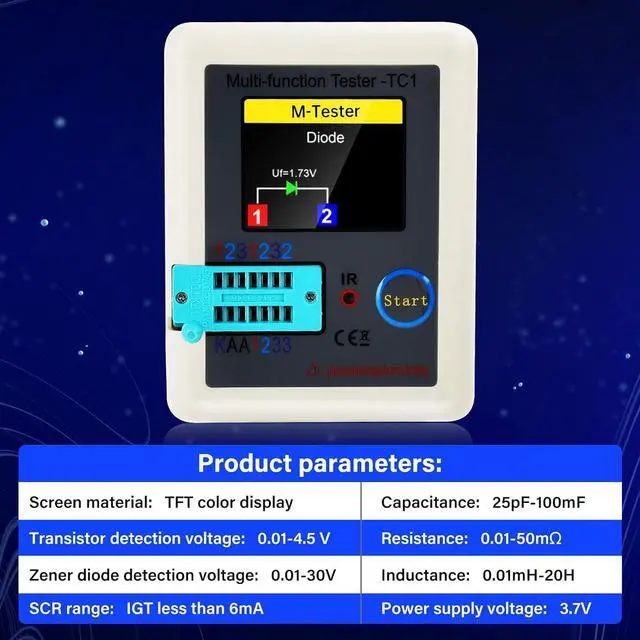 Alt view image 5 of 6 - Transistor Tester LCR Meter LCR-TC1 Multi-Function Transistor Meter ESR Tester with TFT Full Color Display Capacitor Detector for LCR ESR PNP NPN Zener Diode