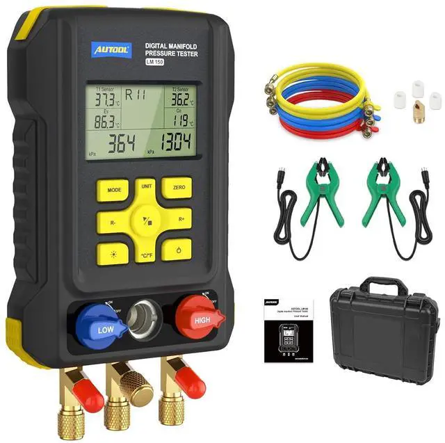 Main image of LM150 Digital HVAC Manifold Gauges - Dual Pressure & Temperature Measurement, Vacuum Level Detection, Refrigerant Identifier with Built-in Database for Air Conditioning & Refrigeration Systems