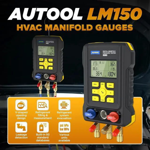 Alt view image 2 of 7 - LM150 Digital HVAC Manifold Gauges - Dual Pressure & Temperature Measurement, Vacuum Level Detection, Refrigerant Identifier with Built-in Database for Air Conditioning & Refrigeration Systems