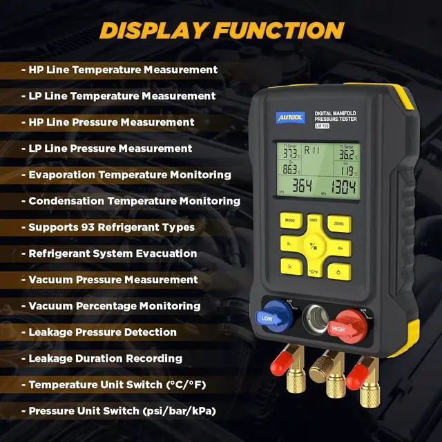 Alt view image 3 of 7 - LM150 Digital HVAC Manifold Gauges - Dual Pressure & Temperature Measurement, Vacuum Level Detection, Refrigerant Identifier with Built-in Database for Air Conditioning & Refrigeration Systems